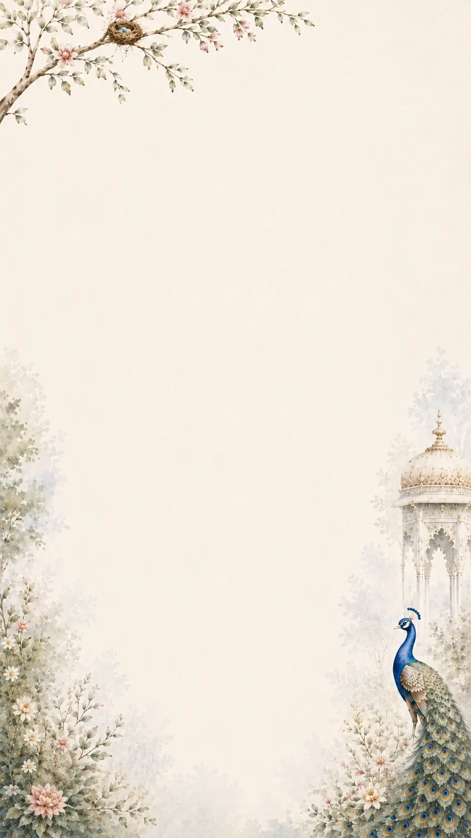 Ivory floral invitation with a peacock